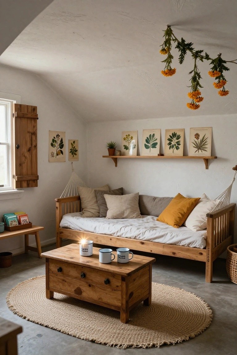 A cozy attic bedroom with white walls and sloped ceiling, featuring a low wooden daybed with white bedding and yellow pillows, a wooden trunk coffee table with enamel mugs and a candle, botanical prints on shelves, hanging dried orange flowers, and a round jute rug on a concrete floor.