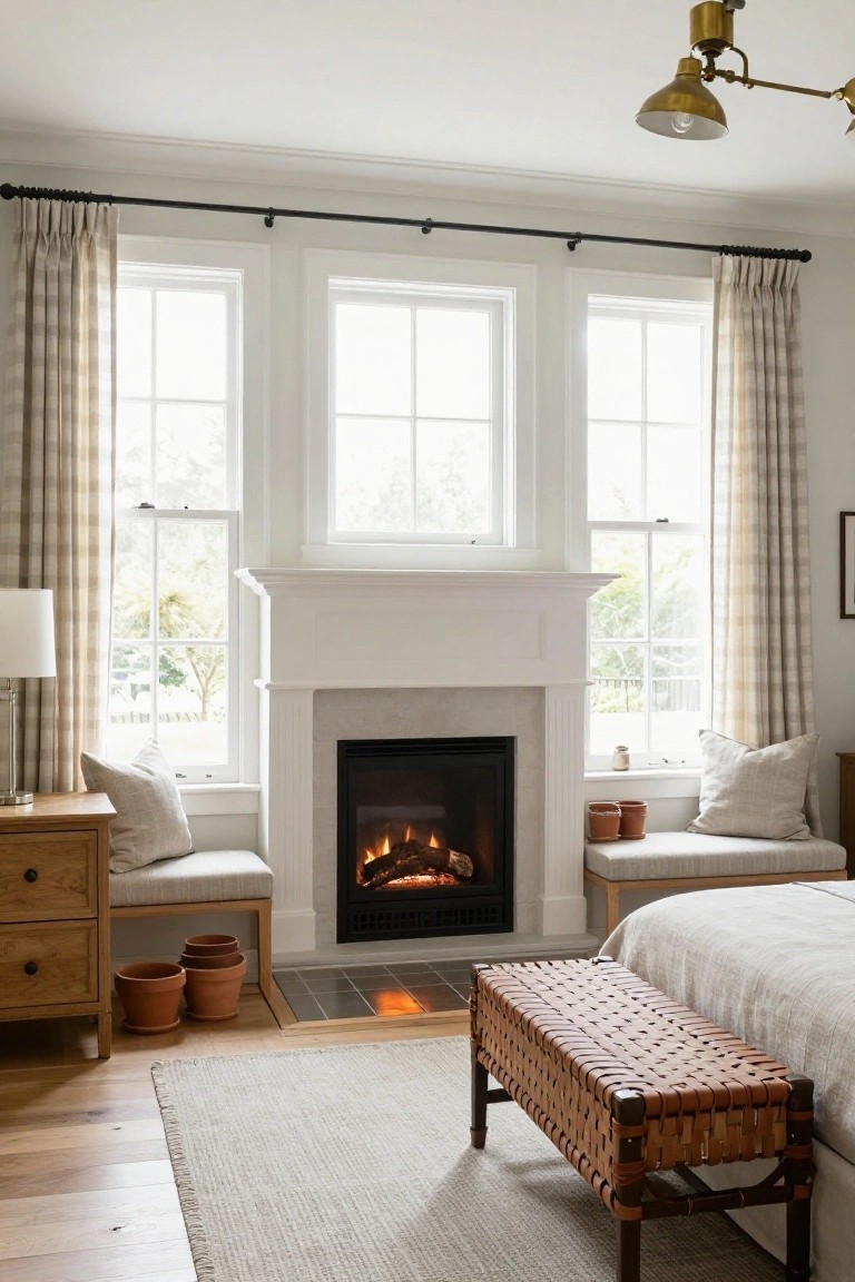 Cozy bedroom with white fireplace, plaid curtains, woven bench, and wooden furniture.