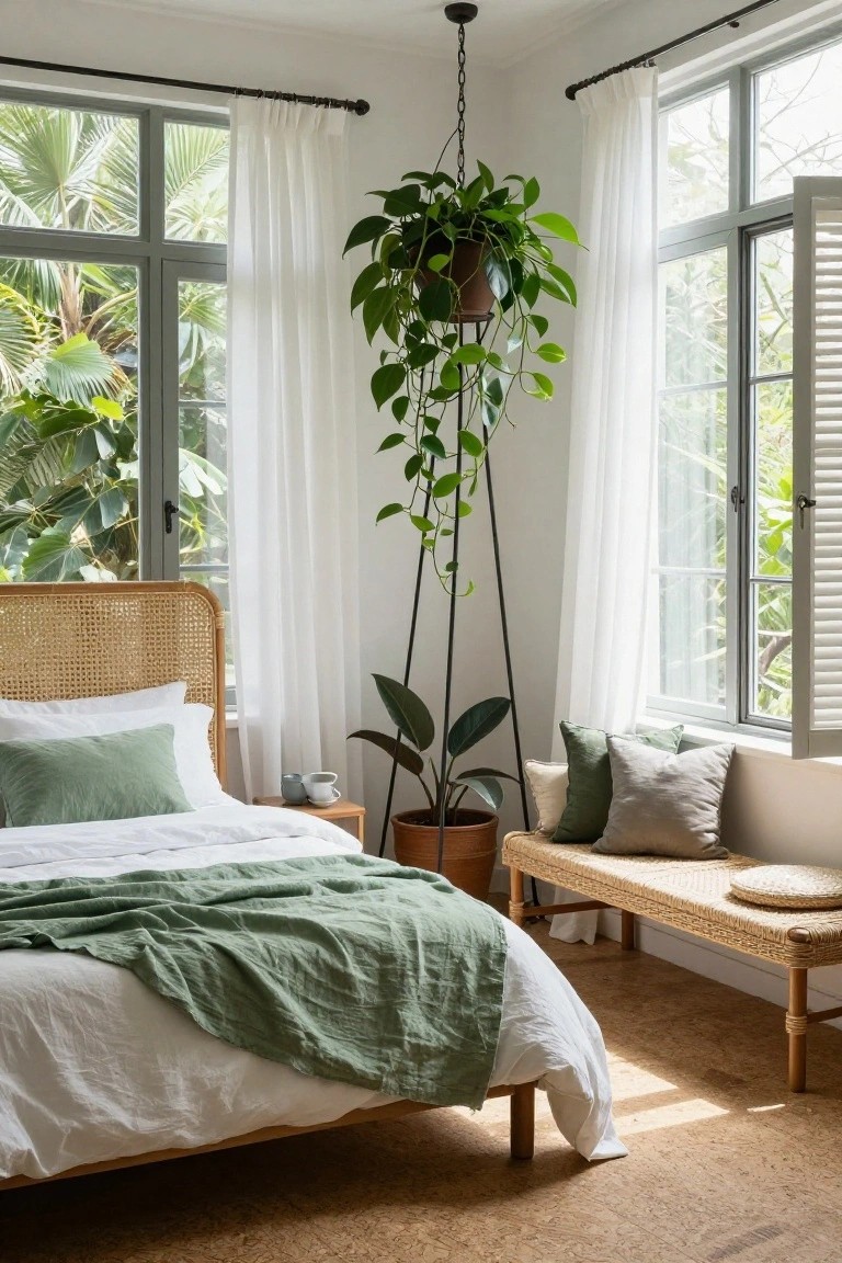 Bright bedroom with rattan bed, hanging plant, and large windows.