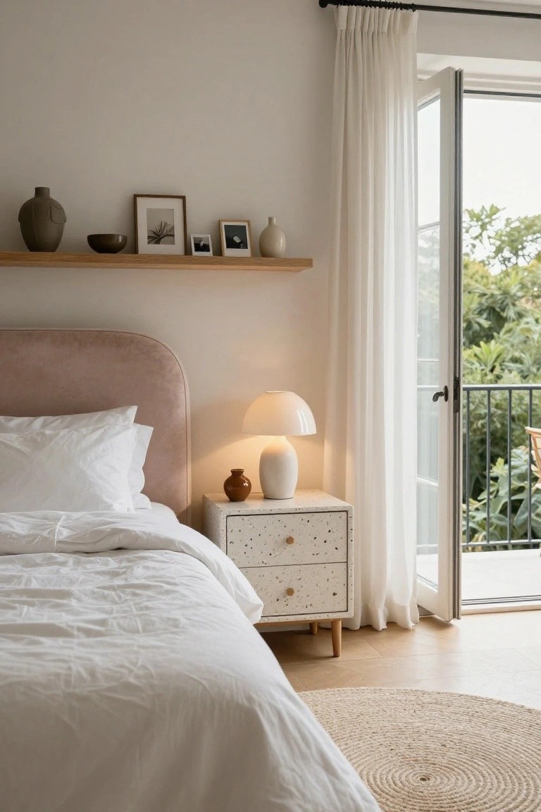 Serene bedroom with pink headboard, terrazzo nightstand, and open balcony door.