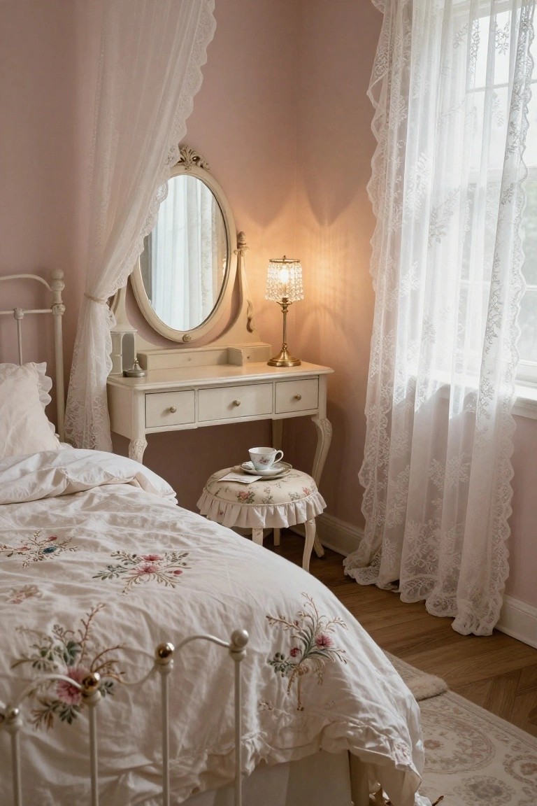 Blush pink bedroom with white iron bed draped in lace canopy, ornate white vanity table with oval mirror, crystal lamp, stool holding teacup, and white lace curtains on window.