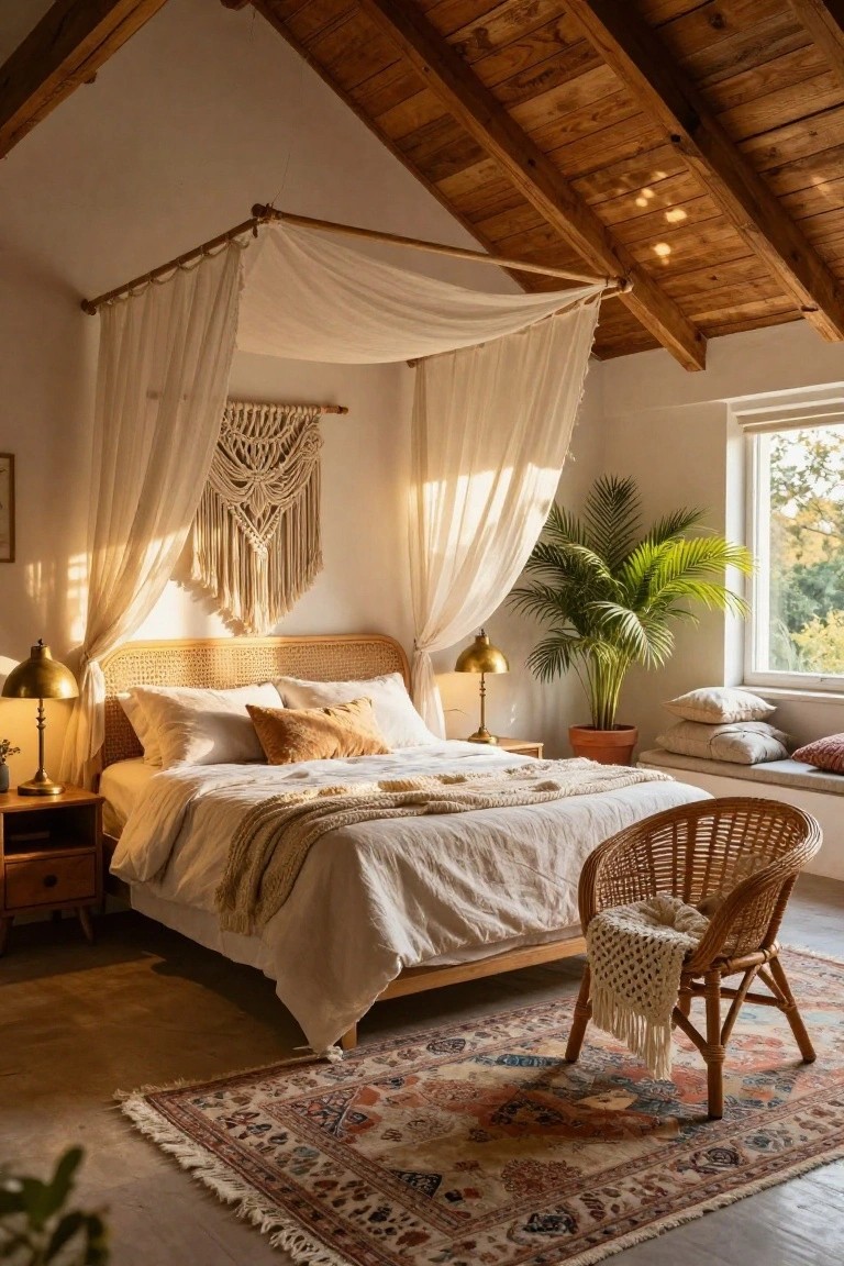 Cozy boho bedroom with canopy bed, rattan furniture, and warm sunlight.