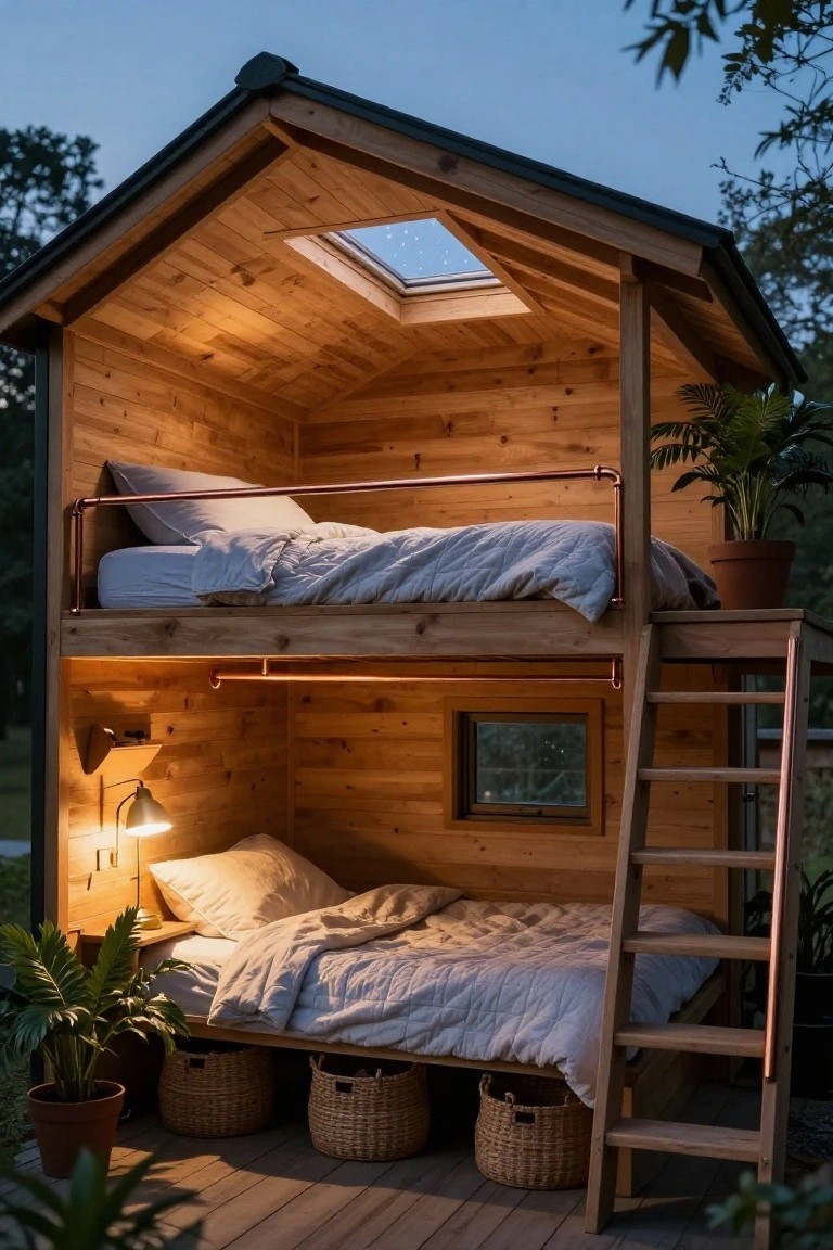 Cozy wooden cabin with lit bunk beds, skylight, ladder, and plants.
