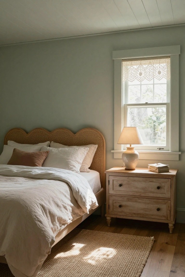 Bedroom with sage green walls, bed featuring scalloped rattan headboard and white linen bedding, wooden nightstand holding lamp and stacked papers, window with lace curtains and trees outside.
