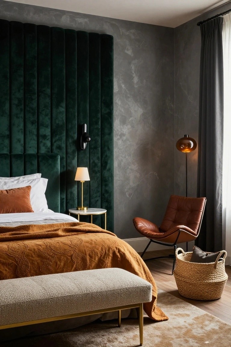 Bedroom interior with a green tufted velvet headboard spanning the wall, bed with white sheets orange pillows and throw, marble bedside table with lamp, orange leather armchair, beige upholstered bench at bed foot, and wicker basket on wood floor.
