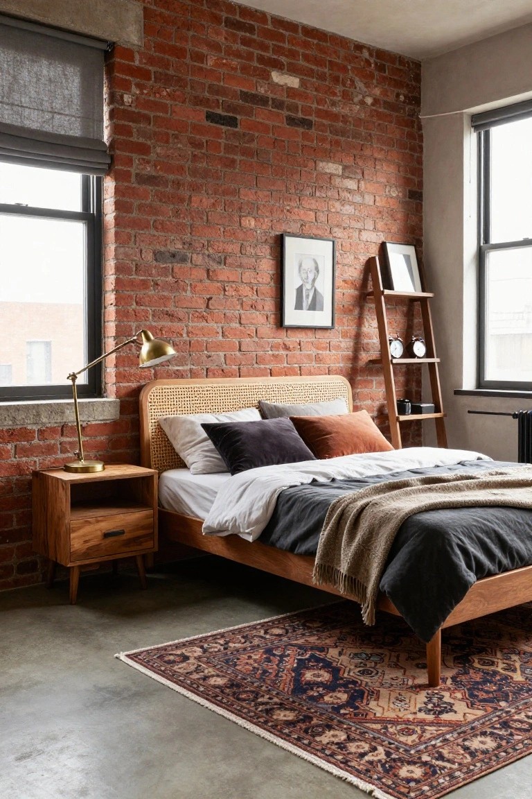 Bedroom interior with exposed red brick walls, wooden bed frame and nightstand, rattan headboard, layered pillows and blankets, brass desk lamp, wooden ladder shelf with clocks, and Persian rug on concrete floor.