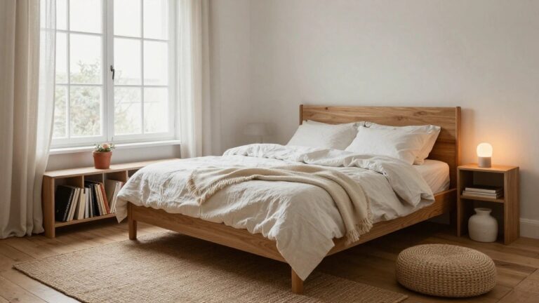 25 Cozy Bedroom Ideas Bedroom interior with oak wood bed frame and headboard, white rumpled sheets and pillows, beige wool throw, wooden nightstand with white lamp and books, sheer curtains on large window overlooking trees, pale gray walls, seagrass rug, and stool.