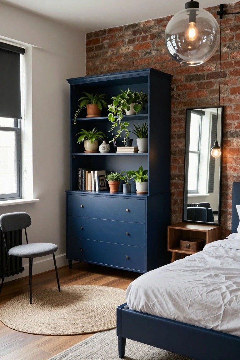 Blue dresser and bookshelf with plants beside brick wall and bed.