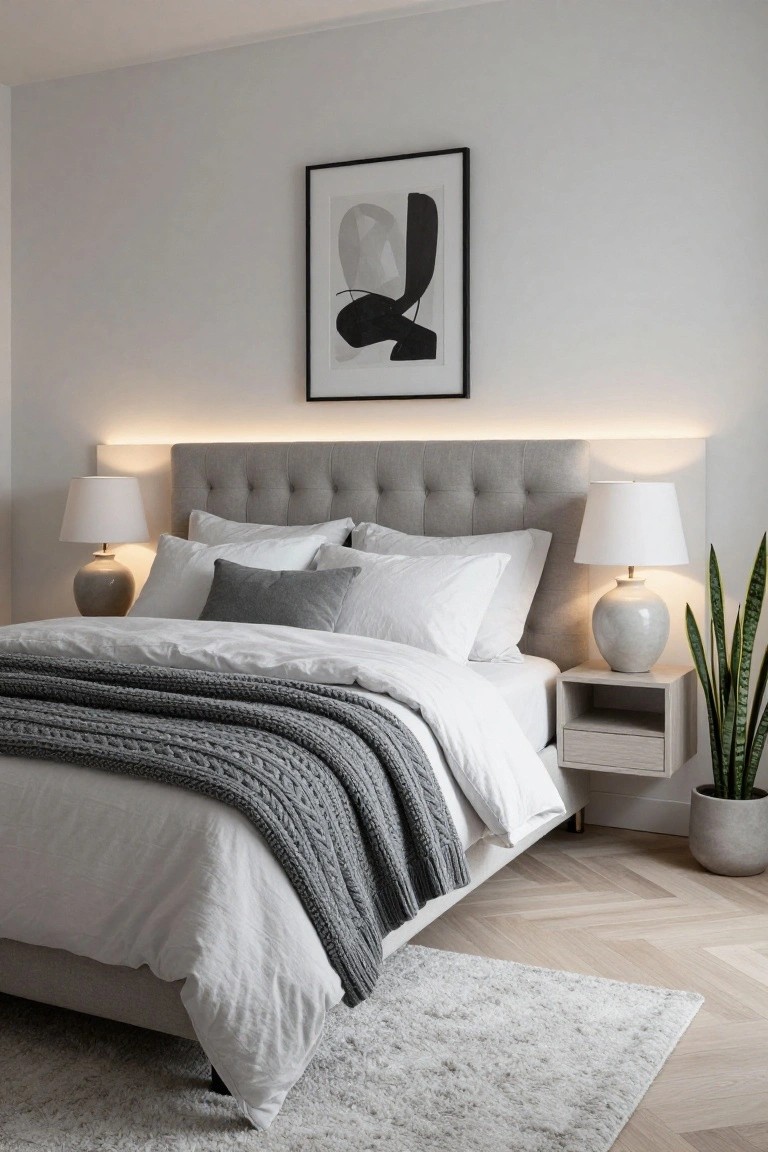 A bedroom interior with light gray walls, gray tufted upholstered headboard lit by LED strip, white bedding topped with gray knit throw, matching nightstands with white ceramic lamps and potted snake plant, plus herringbone flooring.