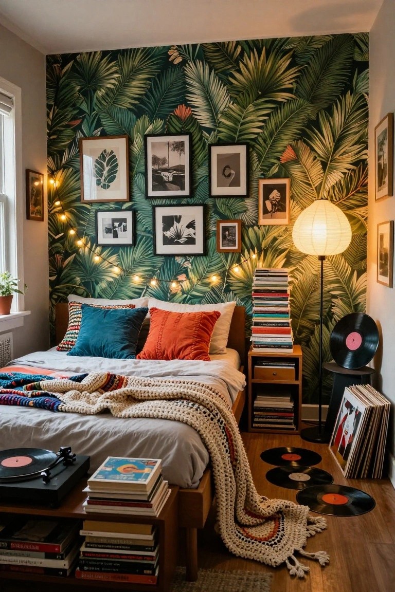 Bedroom with dark green palm leaf wallpaper on the main wall, bed dressed in colorful pillows and knitted throw, wooden turntable with vinyl records, stacks of books and records nearby, framed photos, string lights, and a large paper lamp.