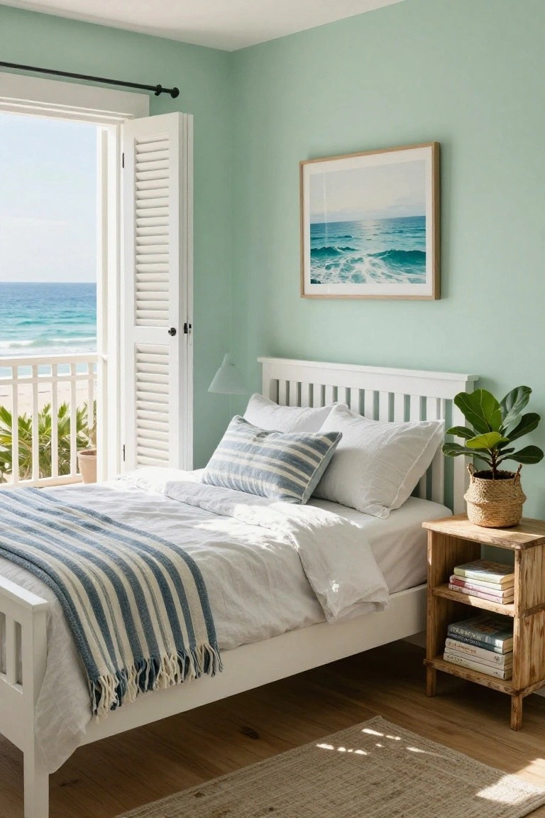 Bedroom interior with mint green walls, white wooden bed with white sheets and striped throw blanket, open louvered shutters to balcony overlooking ocean and beach, wooden nightstand holding books and potted plant.