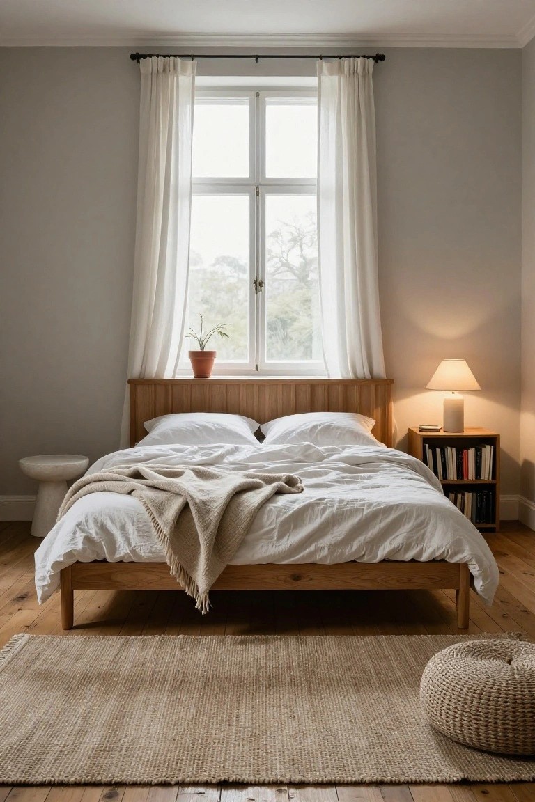 Bedroom interior with oak wood bed frame and headboard, white rumpled sheets and pillows, beige wool throw, wooden nightstand with white lamp and books, sheer curtains on large window overlooking trees, pale gray walls, seagrass rug, and stool.