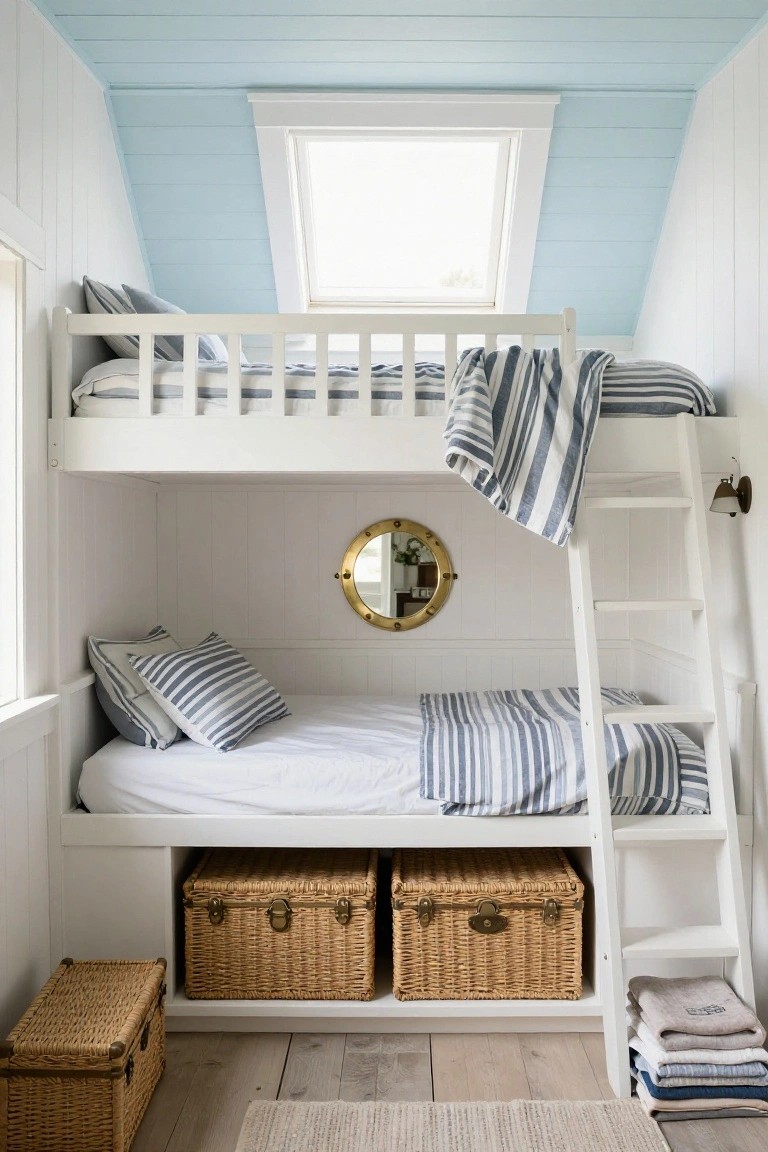 White wooden bunk bed with blue and white striped bedding and pillows in a small attic room with light blue sloped ceiling, dormer skylight, gold porthole mirror on wall, ladder, under-bunk wicker baskets, and stacked linens on floor.