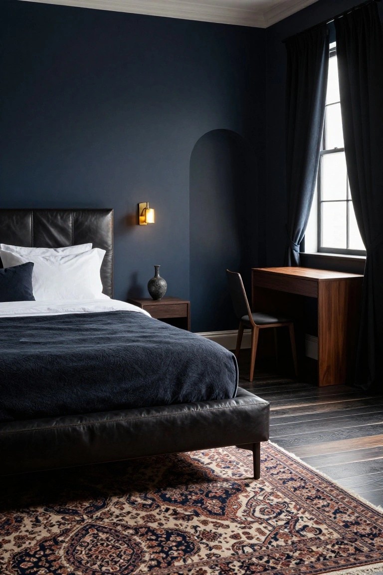 Bedroom with deep navy blue walls, black leather bed frame, white pillows and dark blanket on bed, wooden nightstand with vase, wooden desk and chair nearby, Persian rug on dark wood floors, and wall sconce lighting.