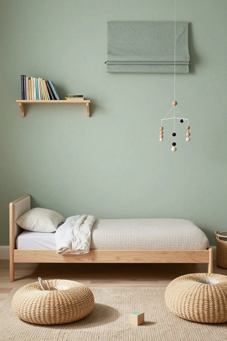 Child's bedroom with pale sage green walls, wooden single bed with white duvet and pillow, floating bookshelf with colorful books, hanging wooden mobile, two woven rattan poufs, and beige rug on light wood floor.