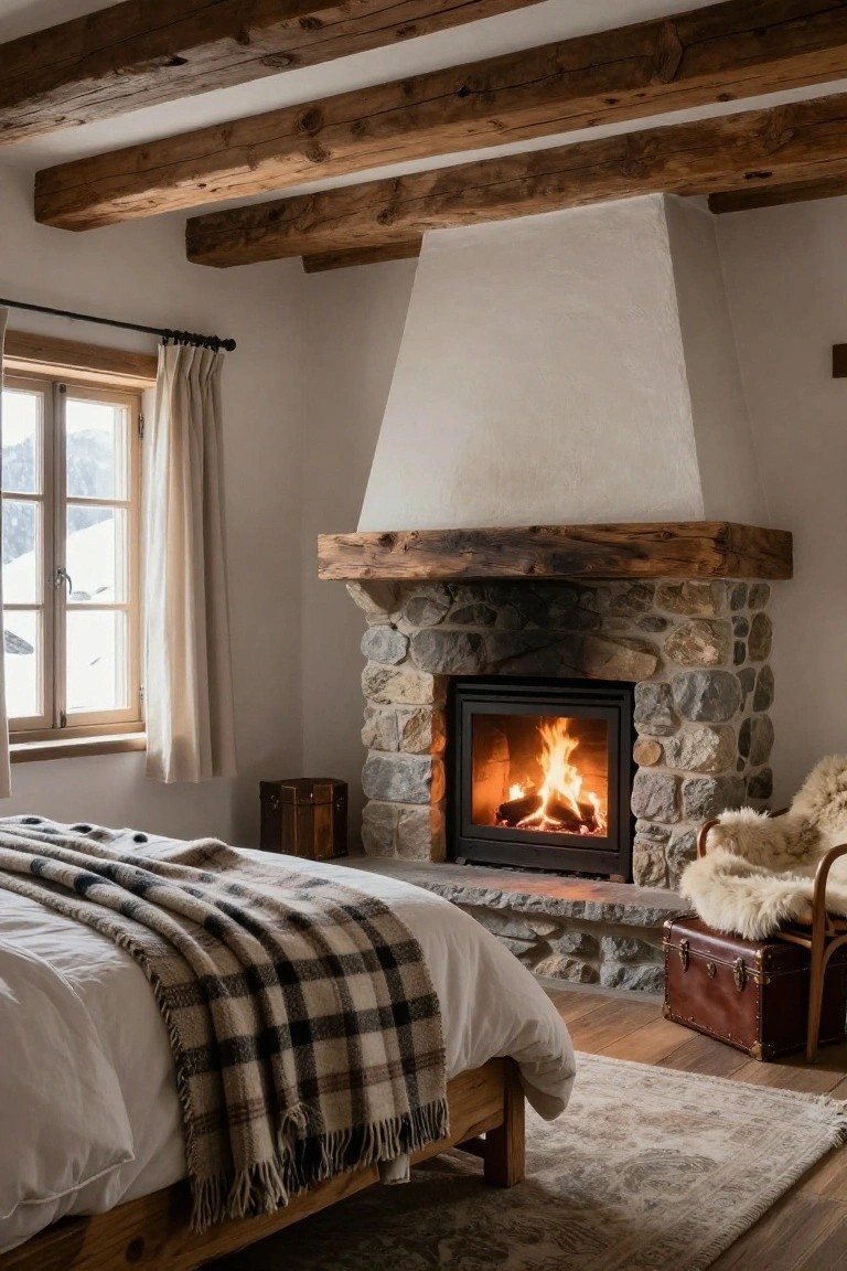 Cozy bedroom with a large stone fireplace next to a wooden bed draped in a plaid blanket, wooden ceiling beams, a sheepskin chair, and a window showing snowy mountains.