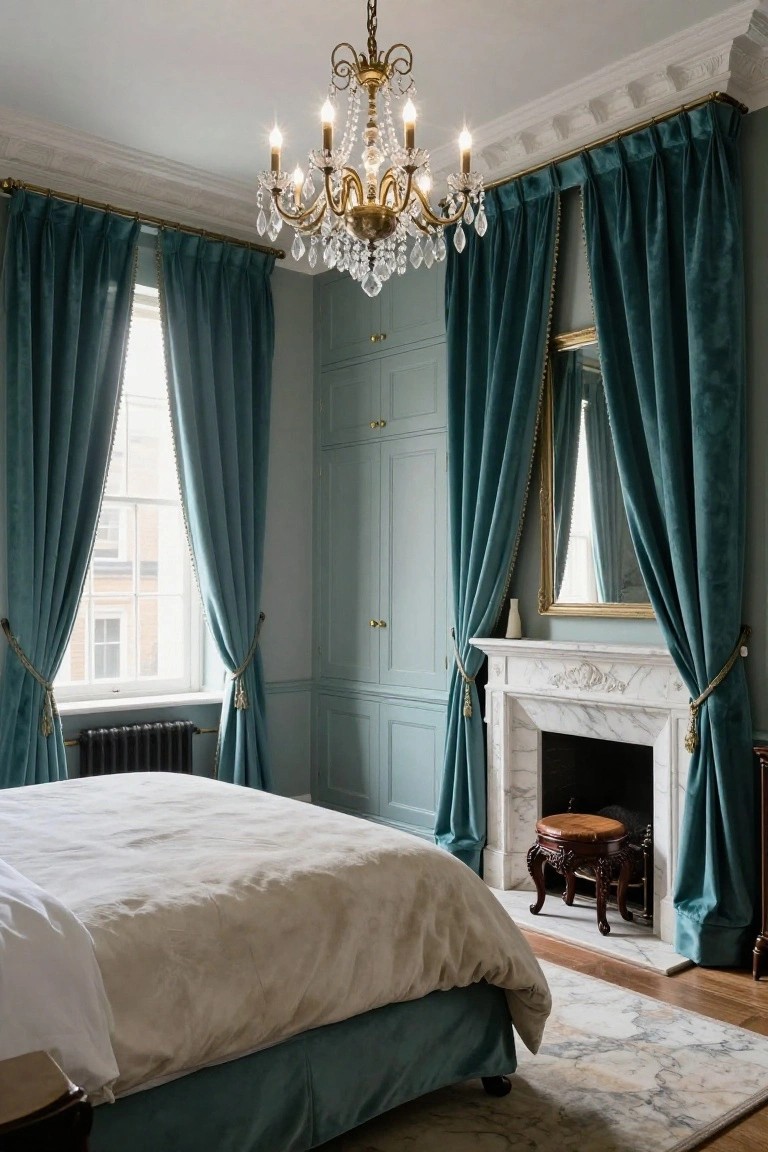 Bedroom with king bed draped in white linens and teal velvet skirt, flanked by teal velvet curtains on three windows, pale walls, marble fireplace with wood stool, and brass chandelier overhead.