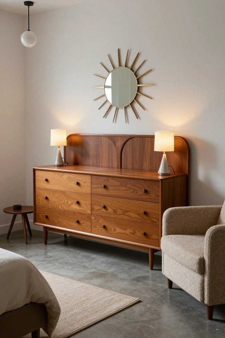 Bedroom corner with a low six-drawer wooden dresser topped by two white cone lamps, arched wooden back panel, gold sunburst mirror on white wall, beige armchair nearby, and edge of bed on concrete floor with beige rug.