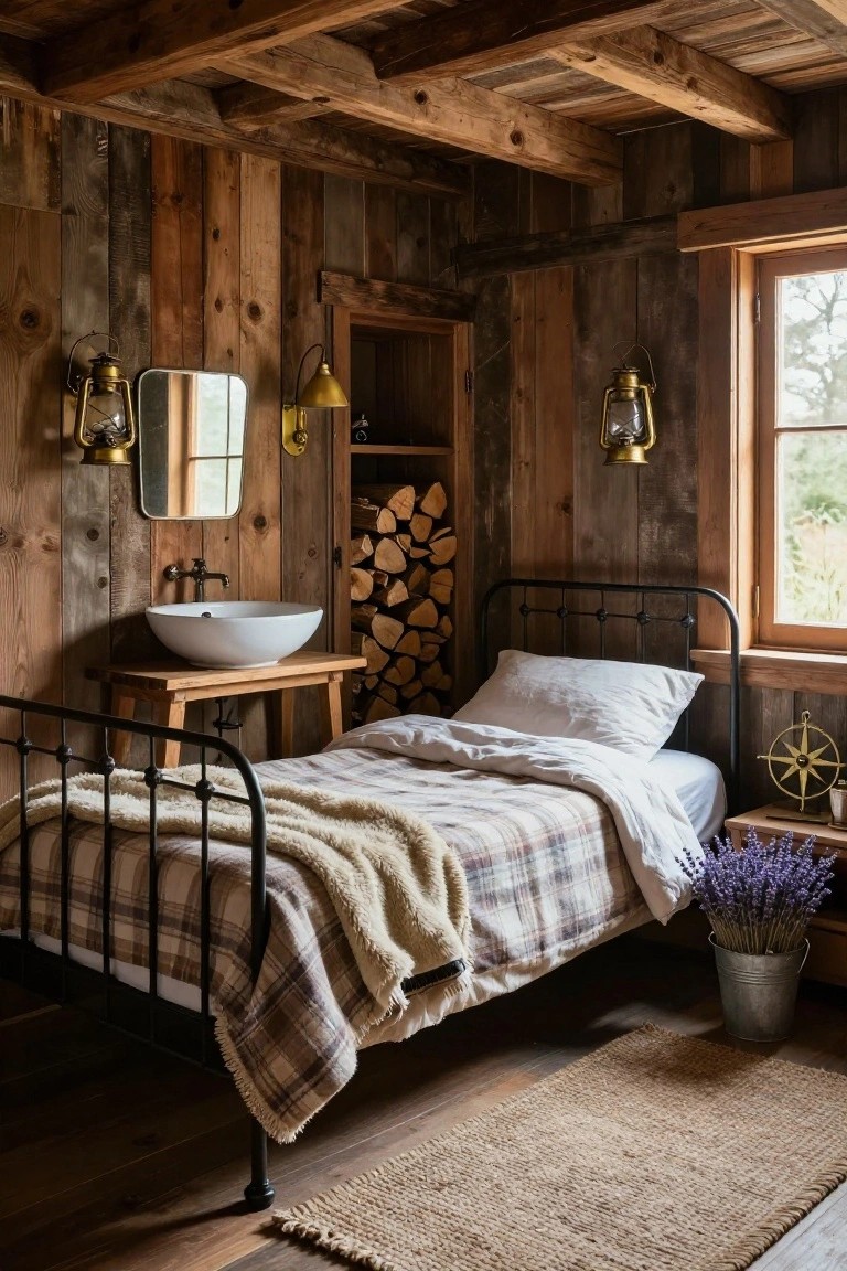 Small bedroom with wood-paneled walls and ceiling, black iron bed with plaid and fuzzy bedding, wooden vanity holding white basin sink, stack of firewood, lantern lights, and lavender in metal bucket on wood floor.