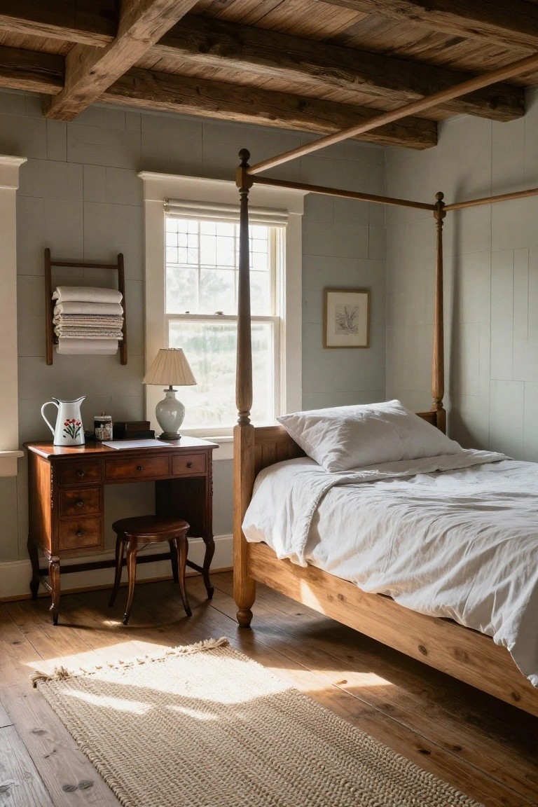 Bedroom with exposed dark wooden ceiling beams, pale sage green paneled walls, wooden four-poster bed with white linens, antique wooden desk and stool, enameled pitcher on desk, and towel rack by window.