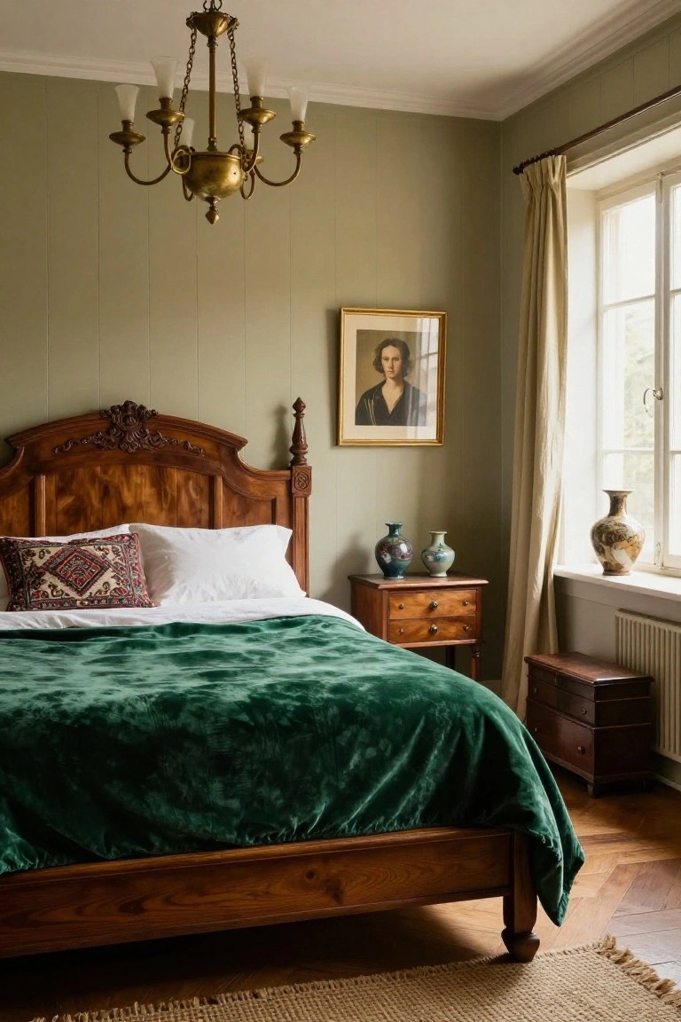 Bedroom with sage green paneled walls, brass chandelier hanging from ceiling, gold-framed portrait of woman on wall, ornate dark wood bed frame with white sheets topped by emerald green velvet duvet and patterned pillow, wooden nightstand holding blue and white vases, cream curtains at window with radiator below, wooden floor and seagrass rug.