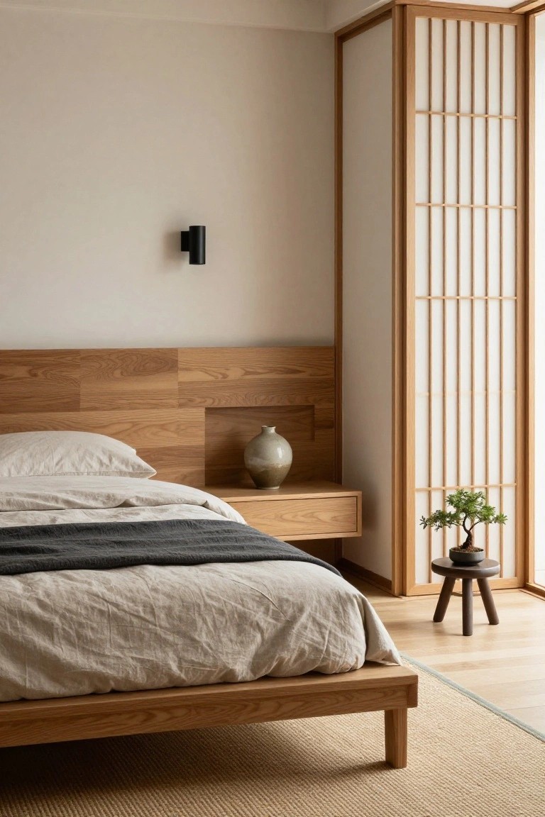 A minimalist bedroom with a low oak platform bed, wooden paneled headboard with niche, nightstand holding a ceramic vase, shoji screen divider, bonsai on a wooden stool, black wall light, beige linens, and light wood floor.