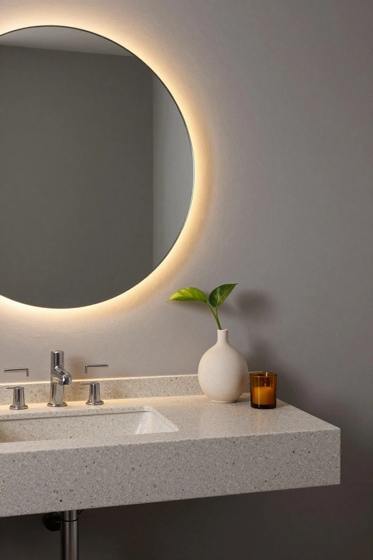 Modern bathroom with large round frameless mirror featuring thin warm LED edge lighting, white quartz floating vanity, chrome three-handle faucet, white ceramic vase with green plant leaf, and amber glass candle on countertop against light gray wall.