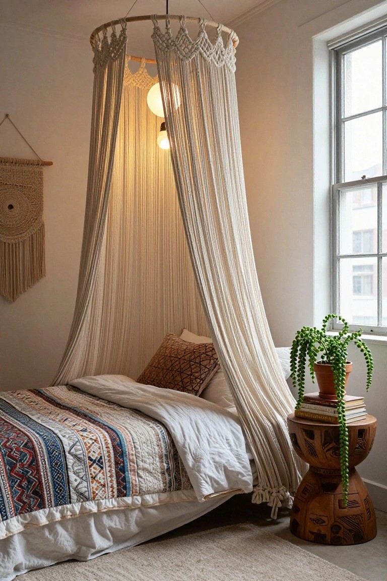 Indoor bedroom with a white macrame canopy suspended over a bed, two warm hanging bulbs inside the canopy, macrame wall hangings, a potted string of pearls plant on a carved wooden stool next to the bed, and a window with neutral walls.