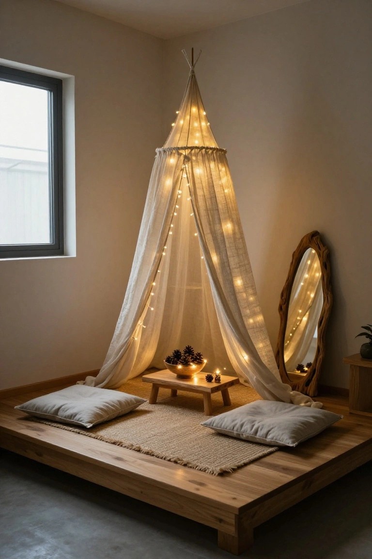 White conical canopy tent with string lights draped over a low wooden platform with beige pillows, small wooden table holding pinecones and candles, beside a wooden mirror in a beige room with a window.