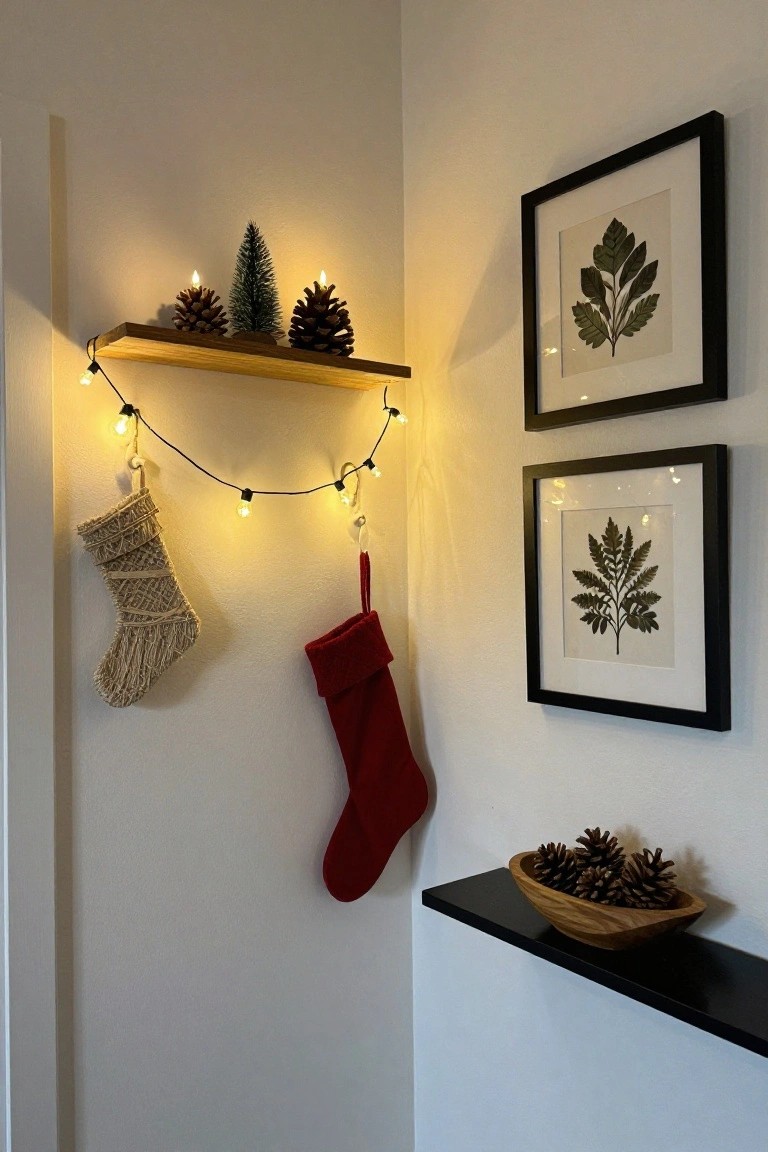 Cozy holiday nook with red and woven stockings, pinecones, and framed botanical prints.