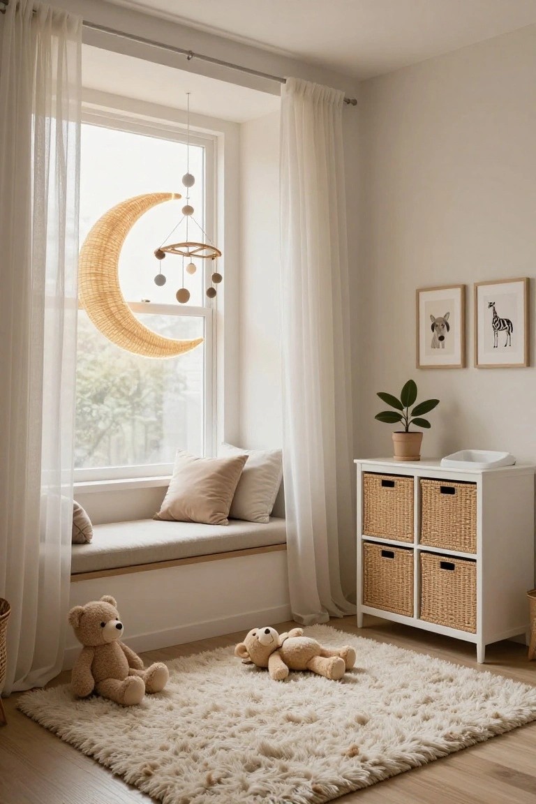Nursery room corner with large window draped in sheer white curtains, woven rattan crescent moon mobile hanging above cushioned window seat, white dresser with wicker drawers used as changing table, potted plant, framed animal prints, two teddy bears on fluffy beige rug, and light wood floors.