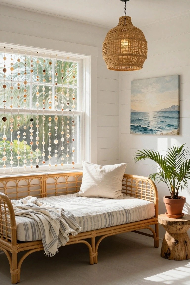 White shiplap-walled room with large window draped in shell bead strands, rattan daybed with striped bedding and throw blanket, woven rattan pendant lamp hanging above, potted palm plant, sea painting on wall, and wood side table on light wood floor.
