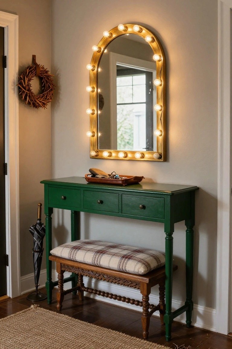Arched gold mirror with round bulb lights mounted above a green console table holding keys and a leather tray, with a plaid cushioned bench, umbrella stand, and wreath on a nearby door in a light gray entryway.