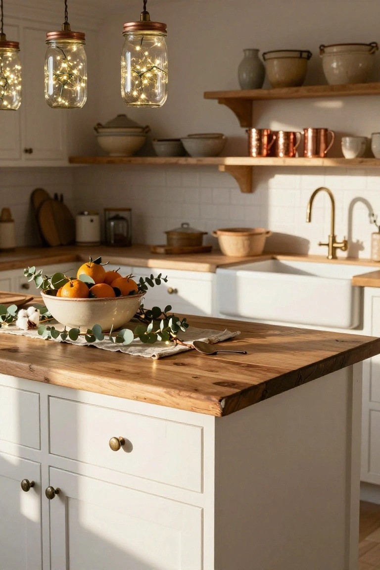 Kitchen island with wooden top and bowl of oranges with eucalyptus centerpiece under three hanging mason jar pendants filled with fairy lights, white cabinets, brass sink, and open wood shelves.