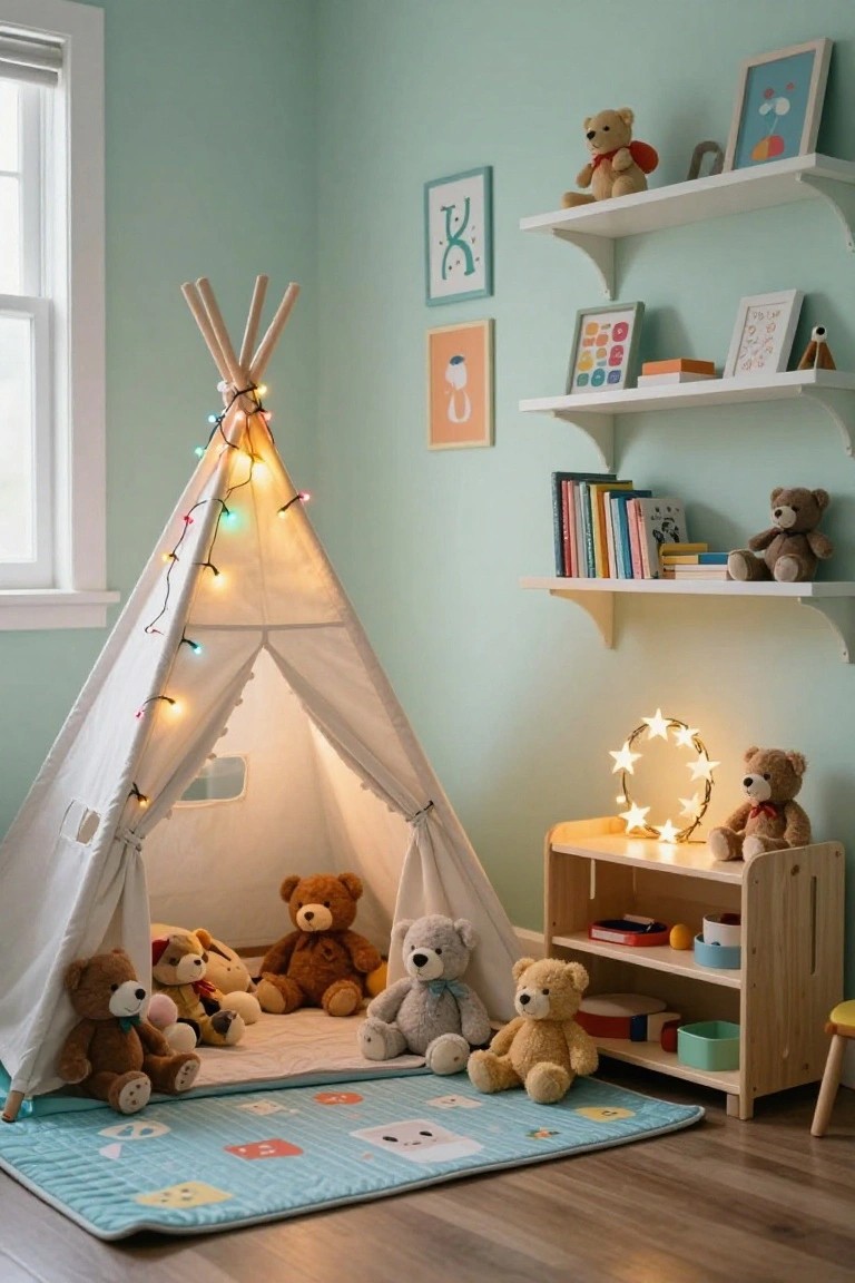 A mint green children's bedroom corner with a white fabric teepee tent strung with multicolored fairy lights, surrounded by stuffed teddy bears on a blue play mat, wooden shelves holding books and toys, and a star-shaped light ring on a side table.