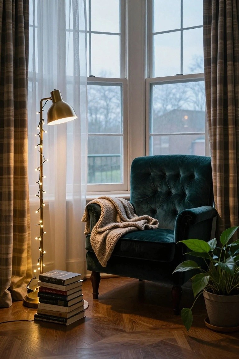 A green velvet armchair with a beige throw blanket draped over it in a bay window room, next to a gold arched floor lamp wrapped in string lights, stacks of books on the parquet floor, and a potted plant in a terracotta pot.