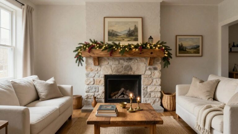 25 Cozy Indoor Christmas Light Ideas That Transform Any Room Into a Holiday Haven A cozy living room with a stone fireplace featuring a wooden mantel decorated with evergreen garland strung with white fairy lights and red berries, a lit gas fire, beige sofa, wood coffee table, and neutral accessories.