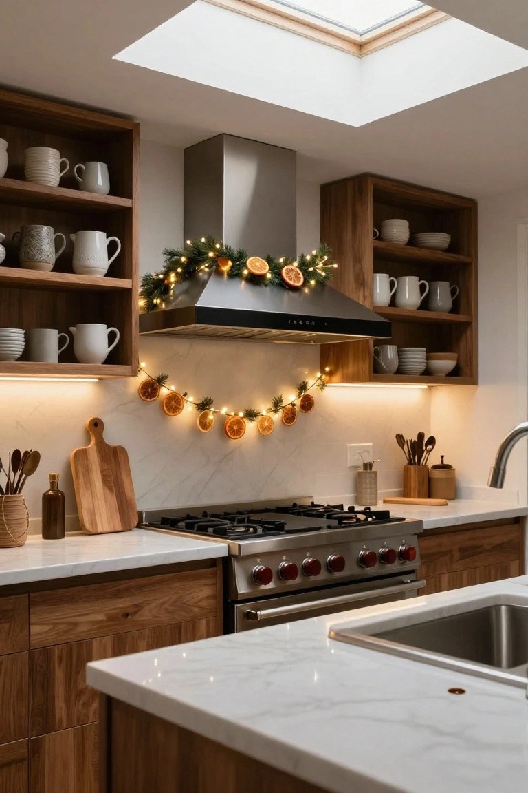 Modern kitchen with oak cabinets, white marble counters, stainless steel range hood and gas stove, stainless sink, decorated with garlands of dried orange slices, greenery, and string lights around the hood under a skylight.