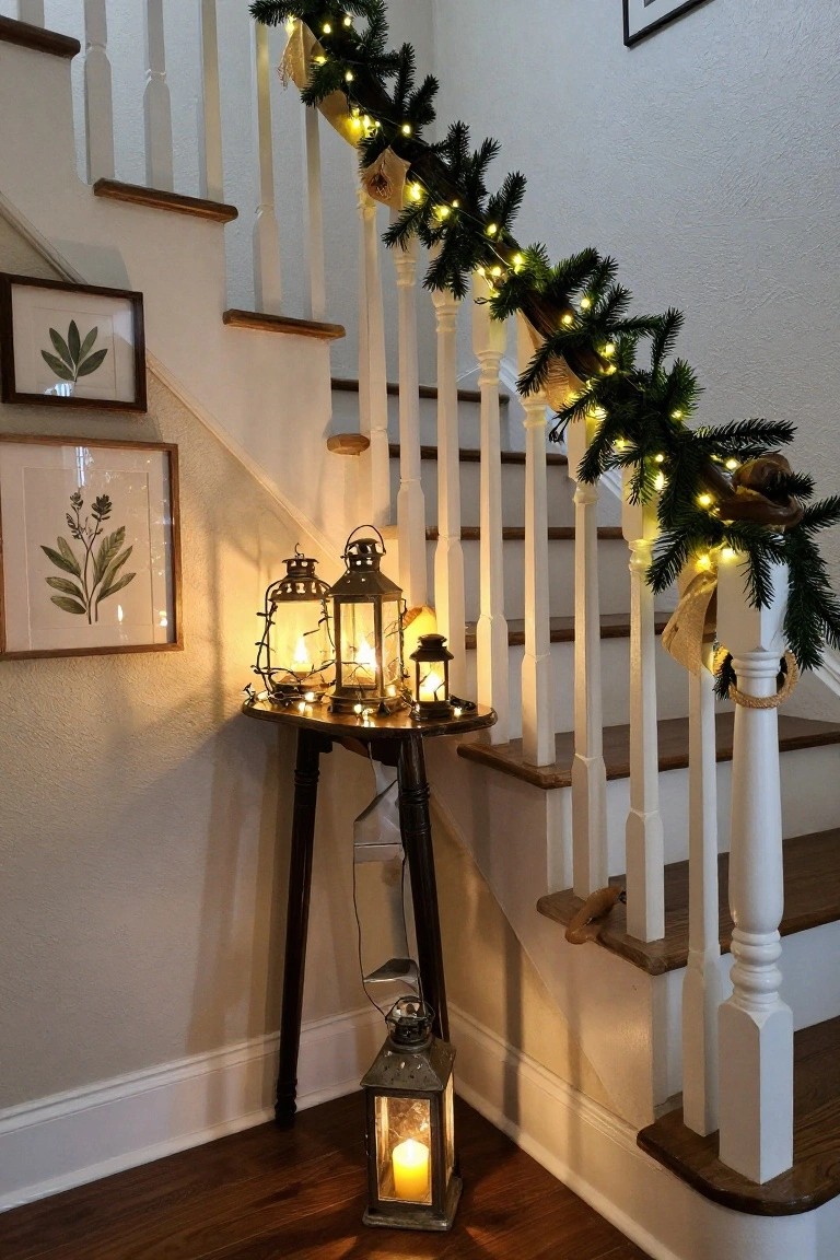 Wooden staircase with white railings wrapped in evergreen garland and string lights, a wooden side table holding metal lanterns with candles, and framed botanical prints on a beige wall.