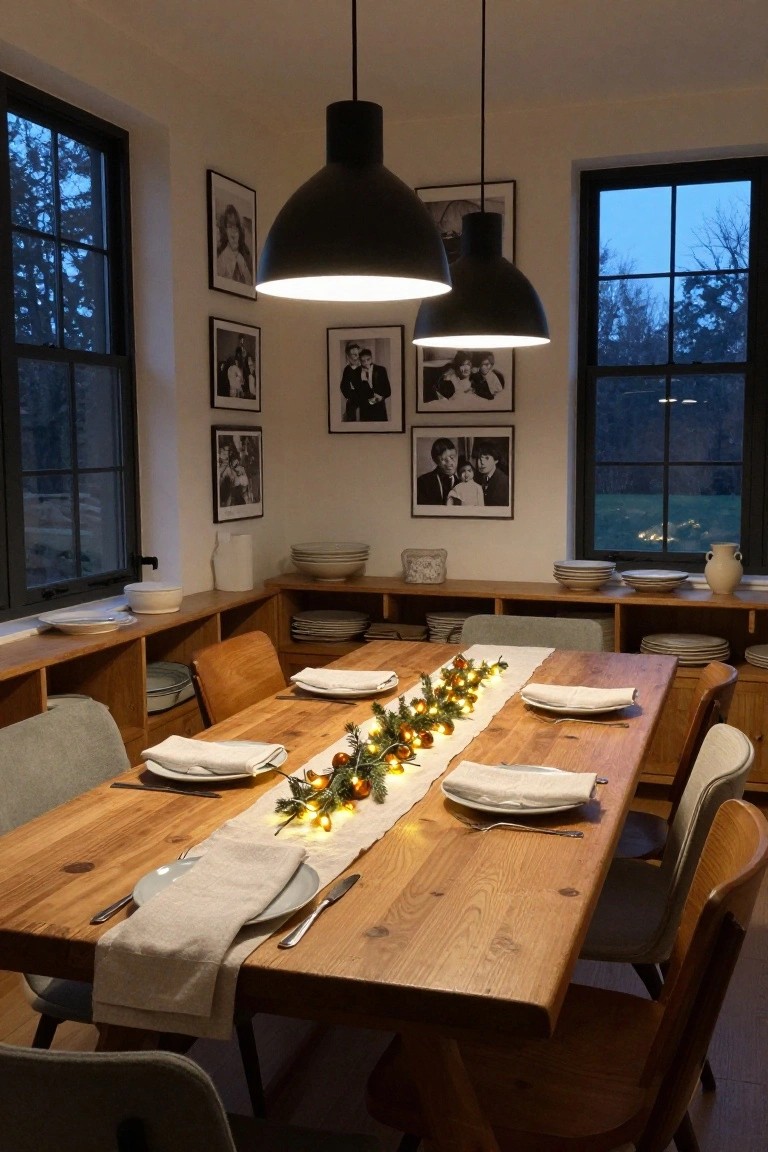A dining room with a wooden table set with white plates and napkins, centered by a garland of fairy lights and greenery, flanked by wooden shelves holding dishes and viewed through large windows at dusk.