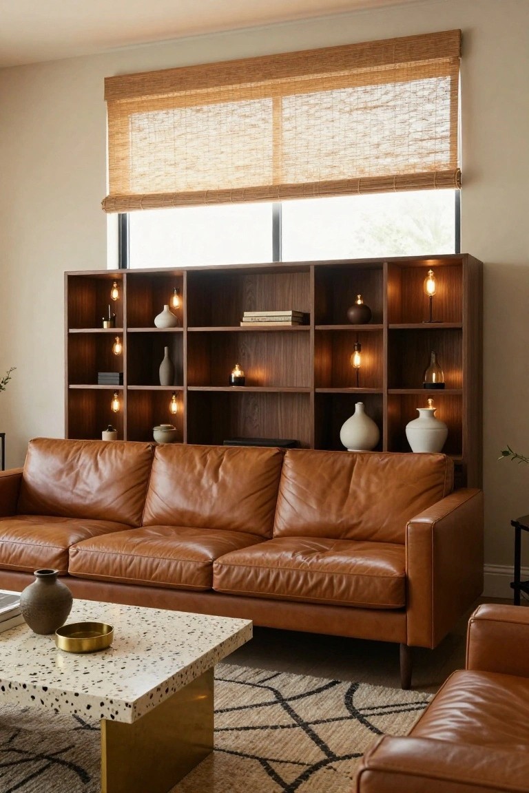 Brown leather sofa in front of illuminated wooden bookshelf with woven blinds.