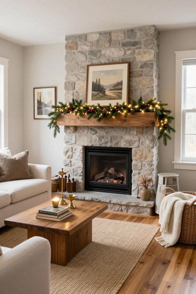 A cozy living room with a stone fireplace featuring a wooden mantel decorated with evergreen garland strung with white fairy lights and red berries, a lit gas fire, beige sofa, wood coffee table, and neutral accessories.