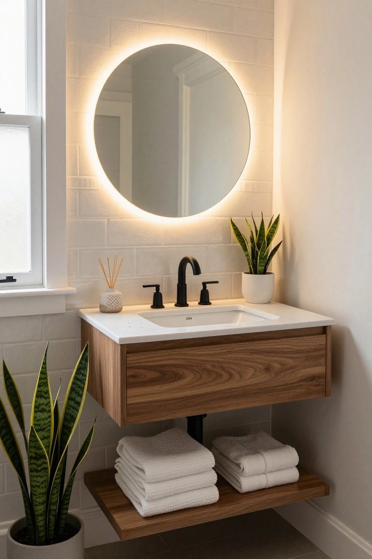 Modern bathroom with white subway tile walls, floating walnut vanity, round mirror with LED backlighting, black faucet on white sink, potted snake plants, reed diffuser, and stacked white towels on lower shelf.