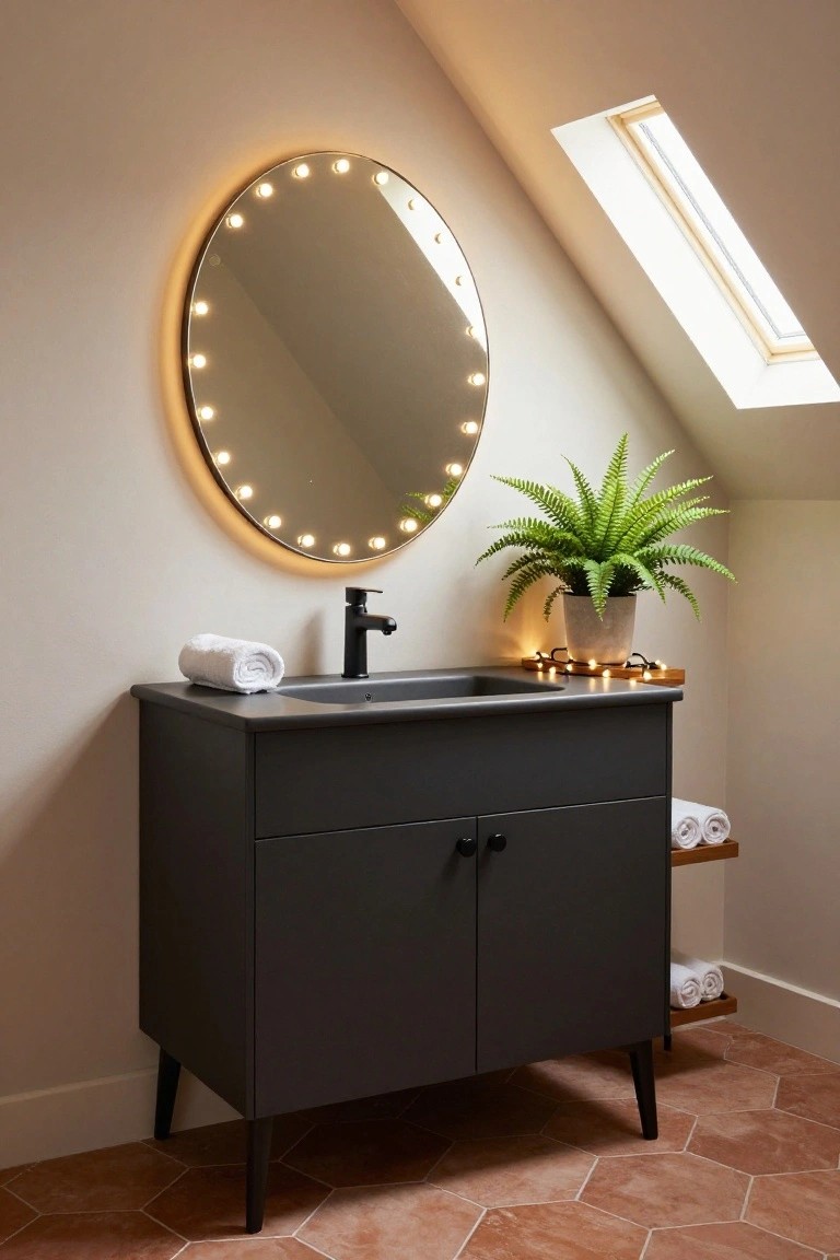 Black matte bathroom vanity with integrated sink, black faucet, folded white towels, round mirror with LED edge lighting, potted fern plant wrapped in string lights on wooden shelf, skylight in sloped ceiling, and hexagonal terracotta floor tiles.
