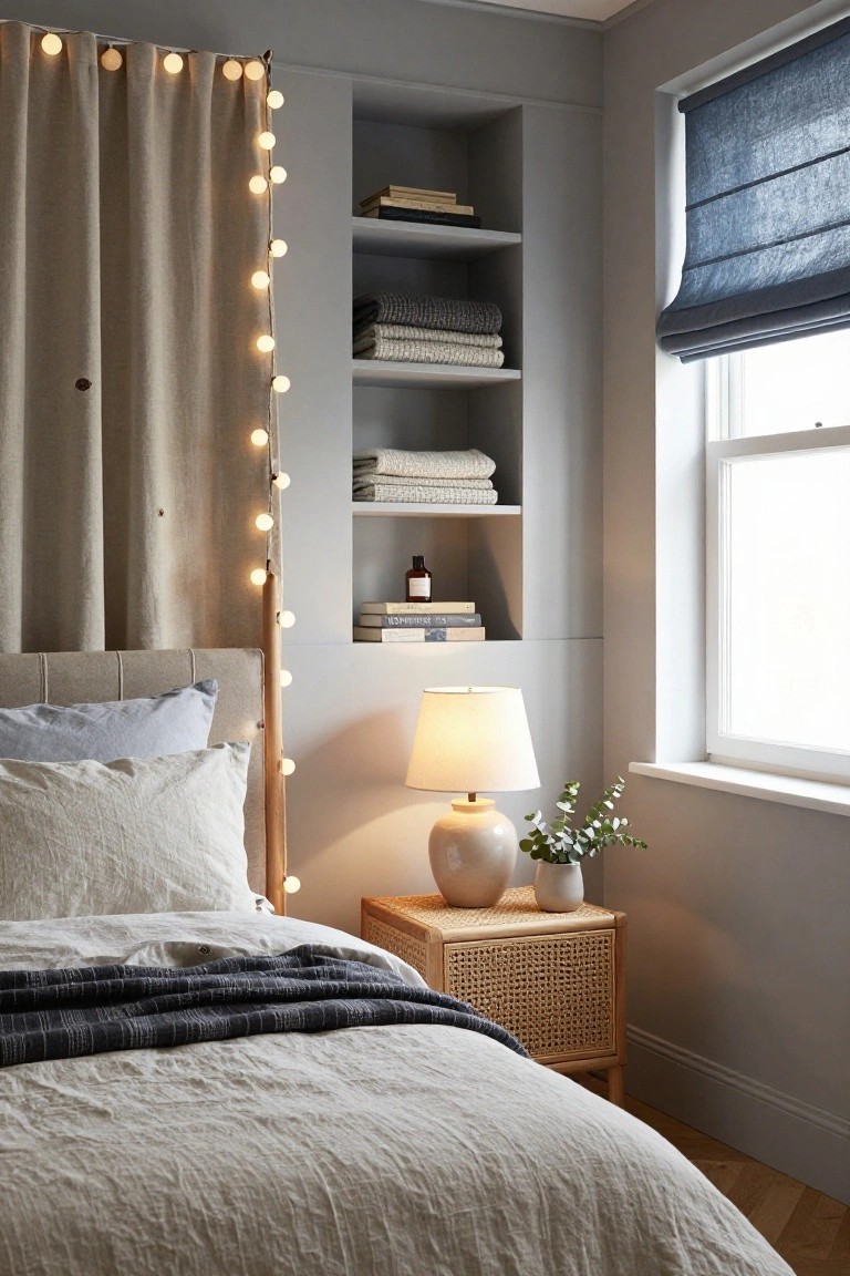 Bedroom corner with light beige bed linens on a wooden bed frame, rattan nightstand holding a ceramic lamp and potted eucalyptus, built-in shelves stocked with folded towels books and bottles, blue roman shade on window, and round bulb string lights draped along a tall beige curtain beside the bed.