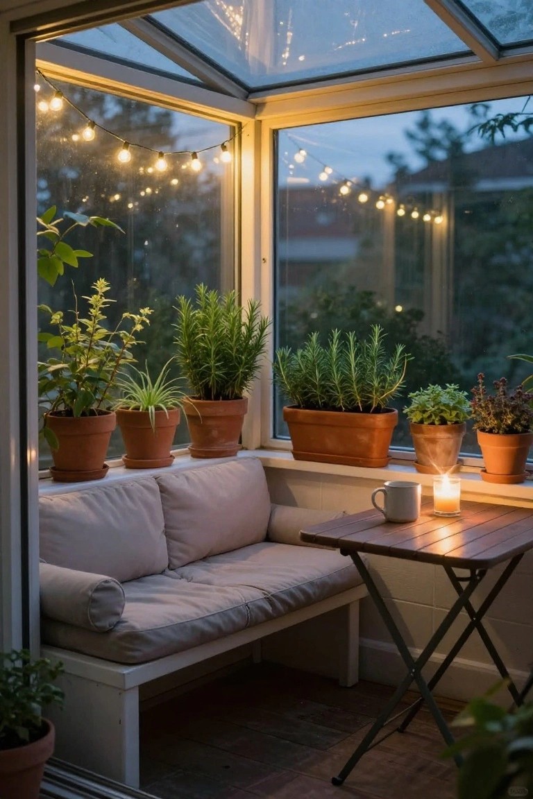 Glass-walled conservatory with potted plants on windowsills and floor, beige cushioned bench against the wall, small wooden folding table with white mug and lit candle, string lights draped along ceiling and walls during evening.