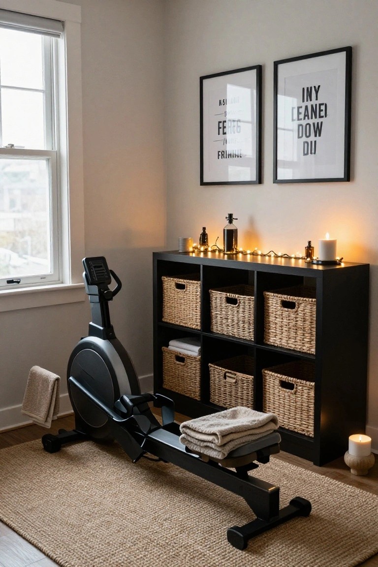 A black rowing machine parked beside black open shelves filled with wicker baskets and towels, with warm string lights and candles along the shelf edge in a light beige room with a window.