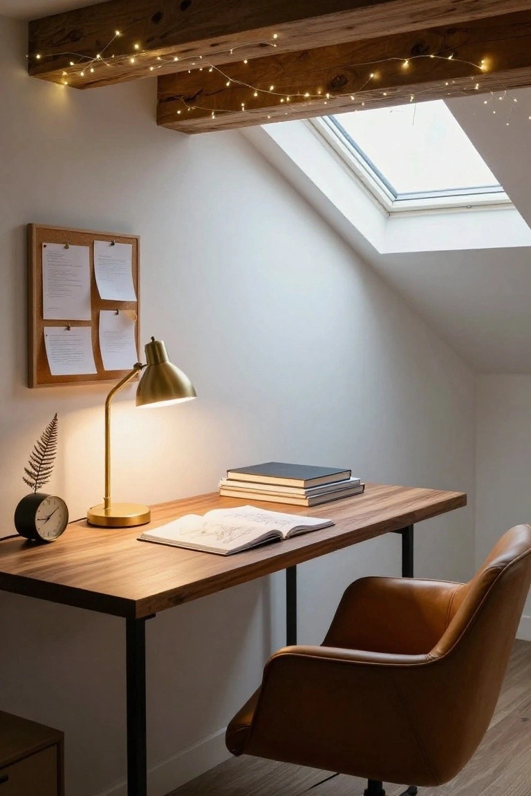 Cozy attic workspace with exposed wooden beams strung with small white fairy lights, wooden desk holding open books and sketchbook, gold desk lamp lit, black clock, corkboard on wall, leather office chair, and skylight overhead.