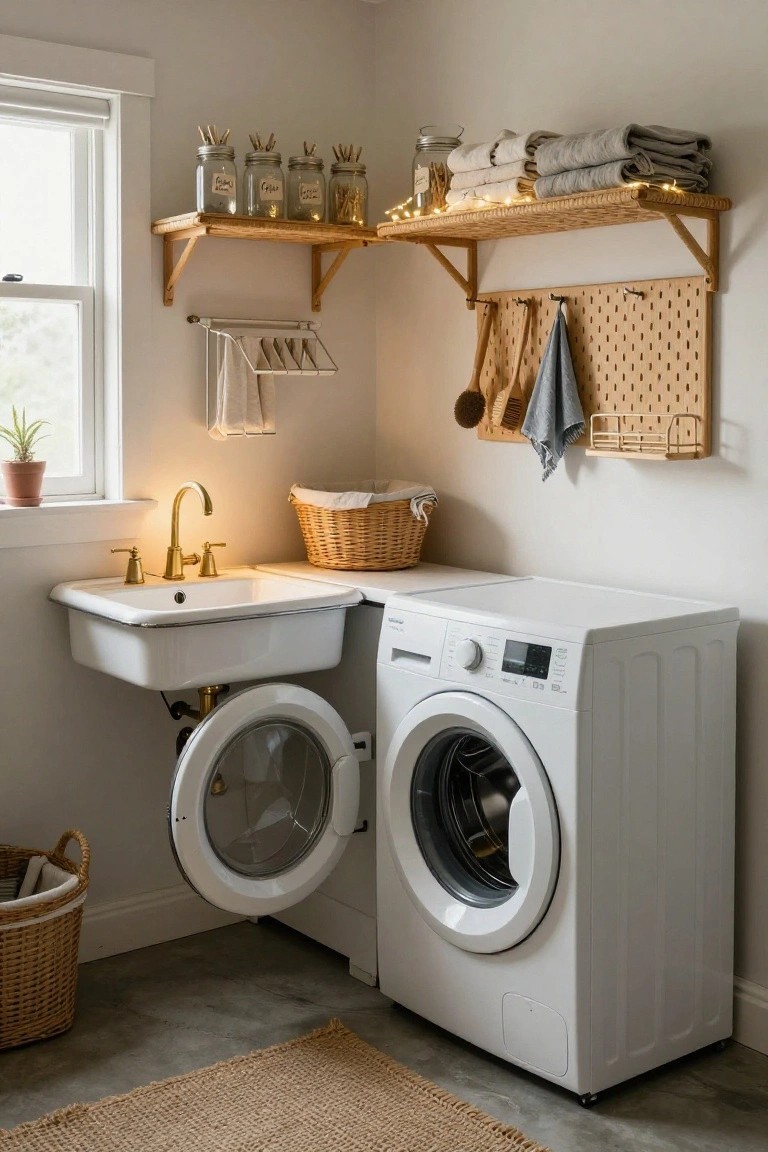 A compact laundry room with white front-loading washer, enamel utility sink and gold faucet, rattan shelves holding jars linens and string lights, pegboard with utensils, and woven baskets on the floor.