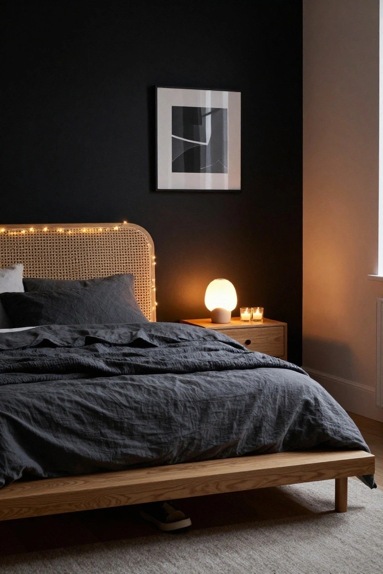 A bedroom featuring a rattan headboard wrapped in warm string lights, dark gray linen bedding on a low wooden platform bed, a white lamp on a wooden nightstand with candles, and an abstract black-and-white print on a dark wall.